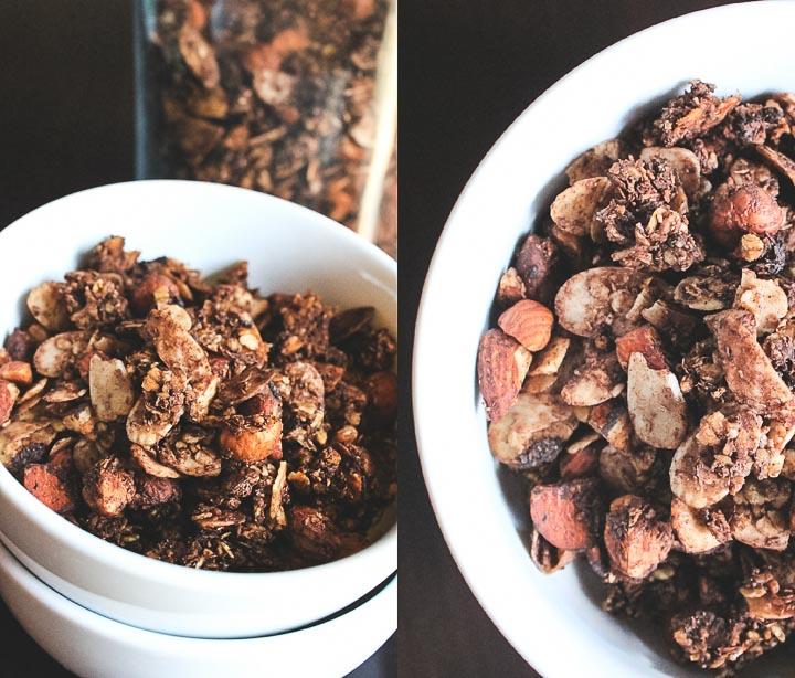 Vegan chocolate granola with tons of coconut, hazelnuts and almonds. Lightly sweetened with maple syrup and orange juice.