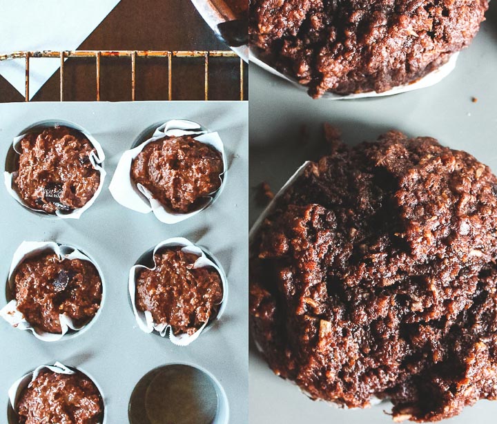 Whole grain chocolate banana muffins with coconut and plain yogurt. these muffins will satisfy your morning chocolate cravings.