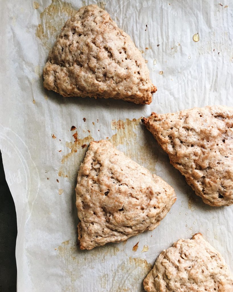 Vegan maple oat scones made with whole grain flours and sweetened with pure maple syrup. The perfect whole grain fall treat.