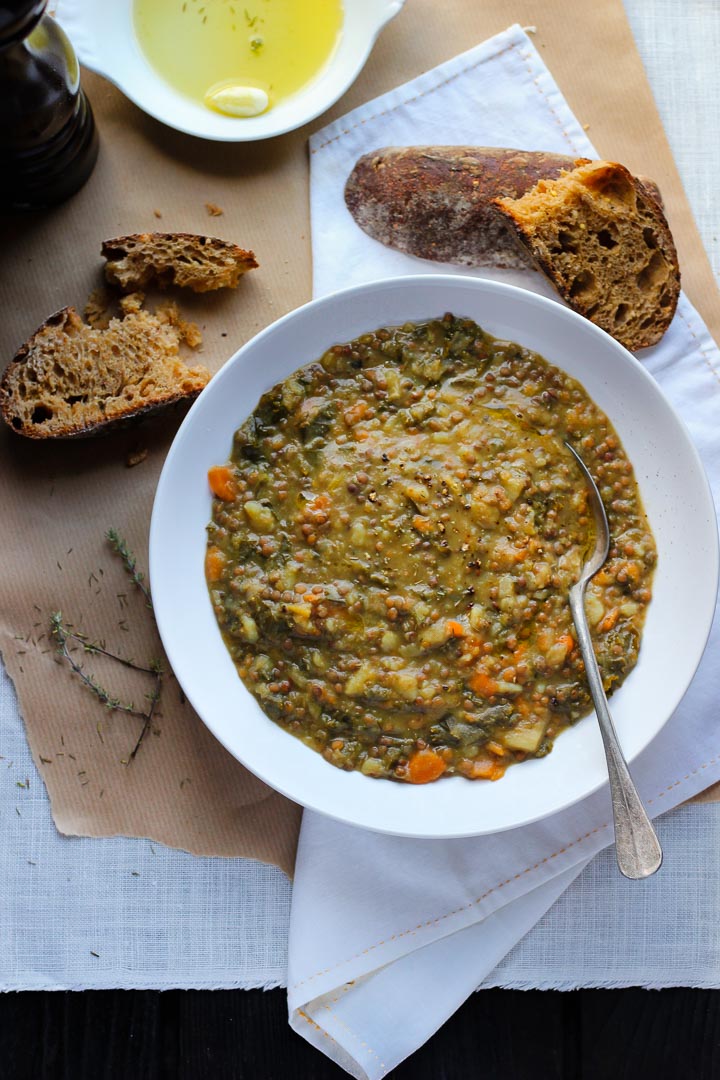 French lentil soup loaded with winter market vegetables. Leeks, fennel, carrots, potatoes and French De Puy lentils. Vegan.