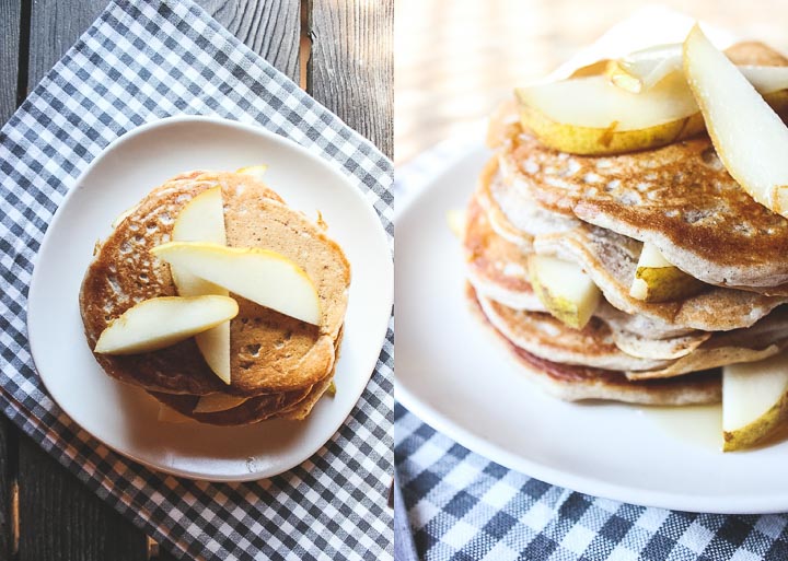 Easy vegan pancakes with fresh pear and whole grains. Serves 2. Makes 5-6 medium sized pancakes - serve with maple syrup and fresh pear slices!