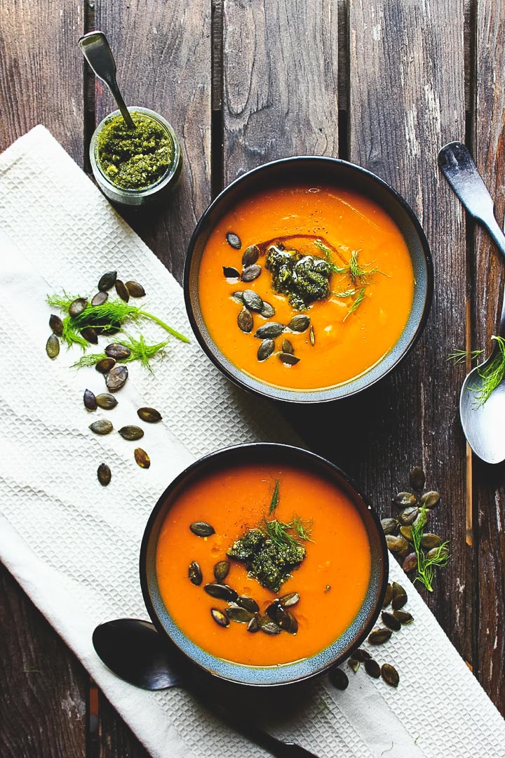 Roasted pumpkin soup with fennel and pumpkin seed pesto. Vegan + gluten free.
