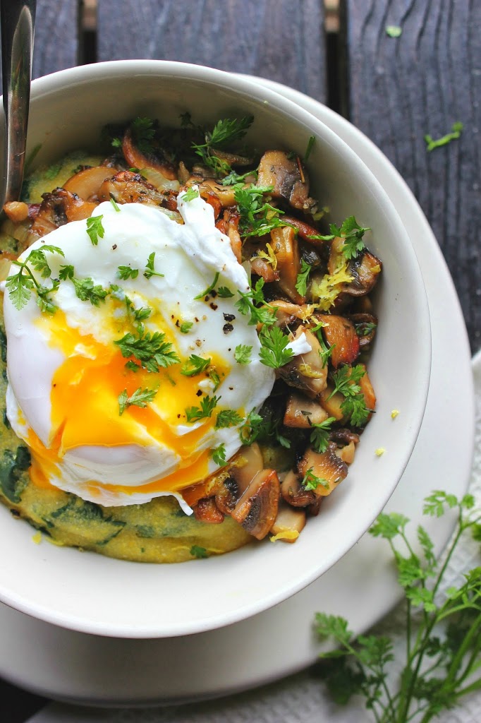 Poached Egg over Spinach Polenta with Crispy Mushrooms & Herbs Happy