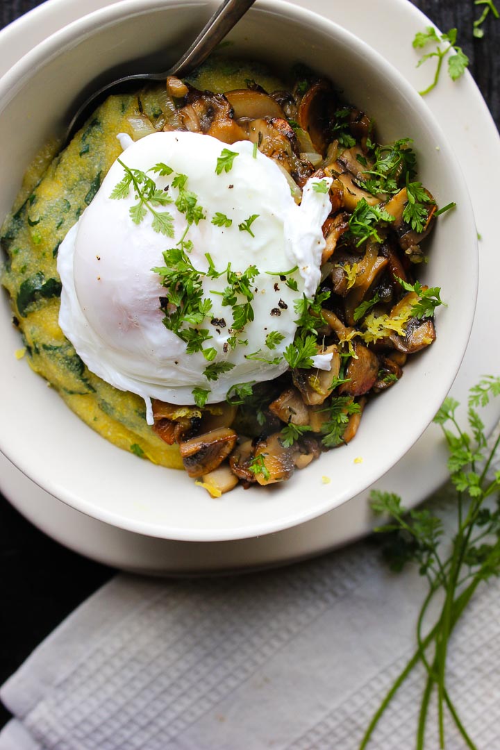 Perfect poached egg bowl with spinach polenta and crispy mushrooms. A great slow sunday brunch or easy weeknight meal. Serves 2.