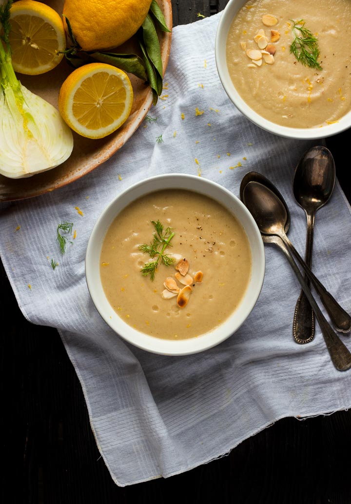 Jerusalem artichoke soup with fennel, toasted almonds and lemon. Let the flavor of sunchokes shine in this creamy vegan soup.