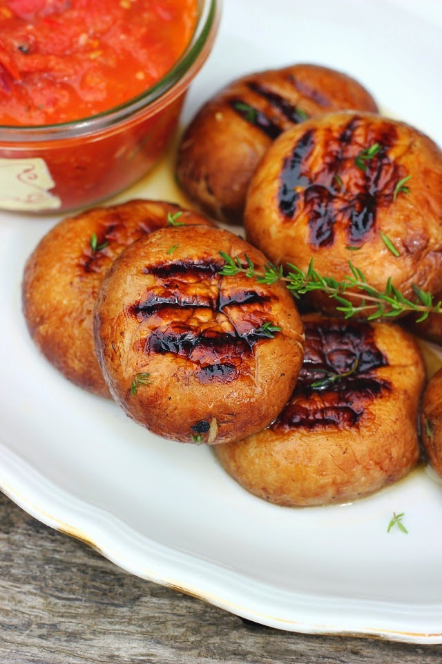 Thyme Grilled Mushroom Burgers with Fennel Slaw + Roasted Tomato Salsa