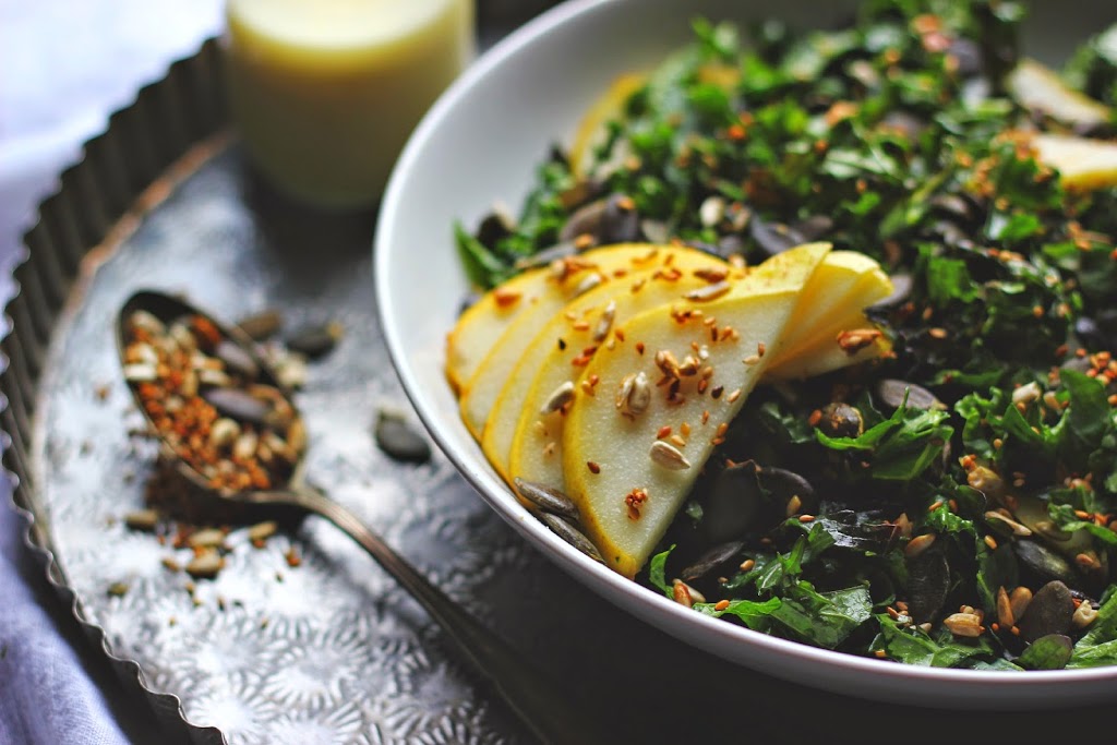 Kale Salad with Tamari Toasted Seeds + Fresh Pear Dressing Happy