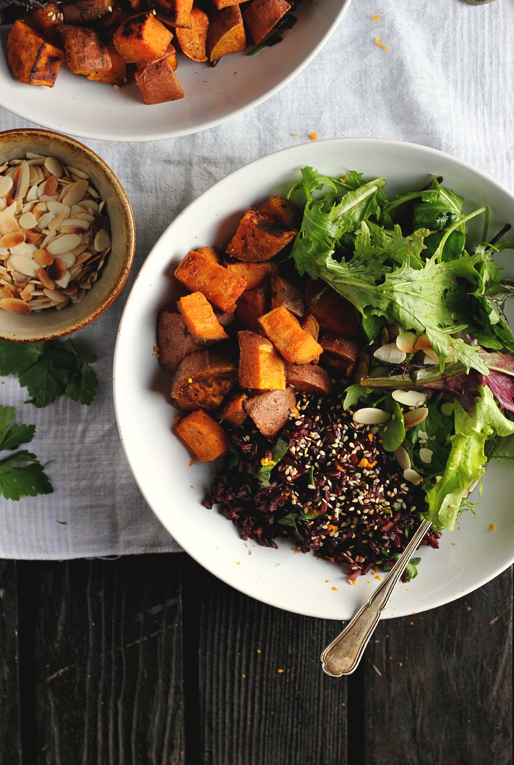 Roasted sweet potatoes with ras el hanout, cumin and chili. Fragrant black rice with orange, dates + sesame dressing. Vegan + Gluten free. Serves 4.