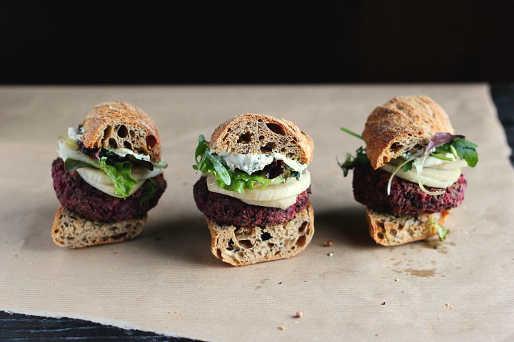 lentil, walnut and beet burgers with quick pickled fennel and sunflower seeds aioli. Vegan + Gluten Free. Serves 3-4.