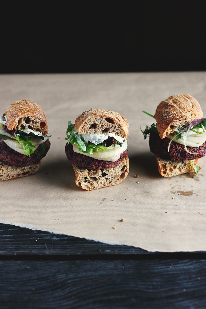 lentil, walnut and beet burgers with quick pickled fennel and sunflower seeds aioli. Vegan + Gluten Free. Serves 3-4.