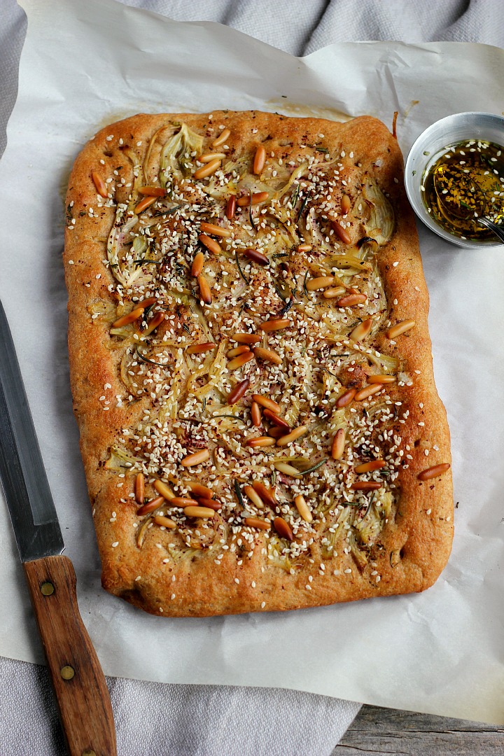 Spelt and Olive Oil Focaccia with Braised Fennel, Pine Nuts + Rosemary Za'atar ⎮ happy hearted kitchen