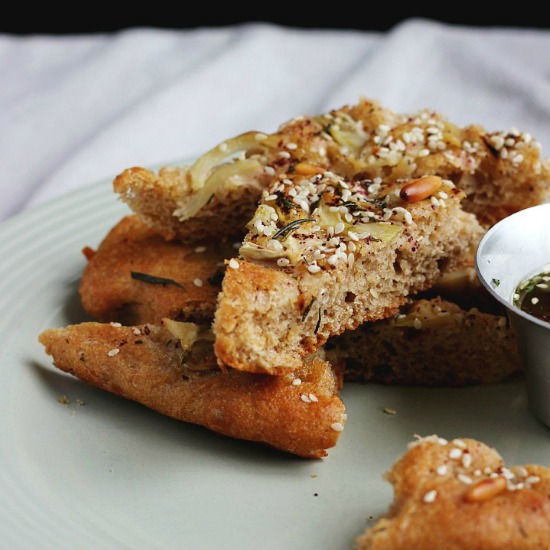 Spelt and Olive Oil Foccacia with Braised Fennel, Pine nuts + Rosemary