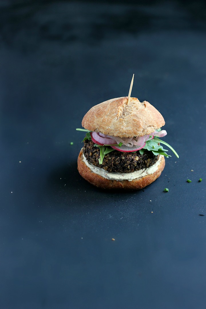 Lentil, Mushroom + Walnut Burgers with Quick Pickled Onions and Mustard Sunflower Seed Aioli ⎮ happy hearted kitchen
