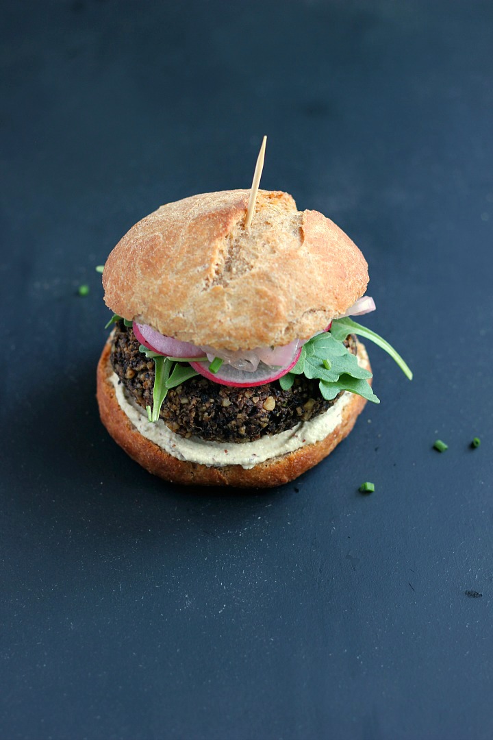 Lentil, Mushroom + Walnut Burgers with Quick Pickled Onions and Mustard Sunflower Seed Aioli ⎮ happy hearted kitchen