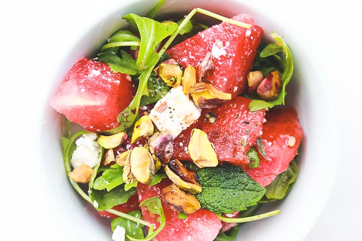 Watermelon feta salad with pistachios and mint. A simple and refreshing summer salad - these flavors are hard to beat!