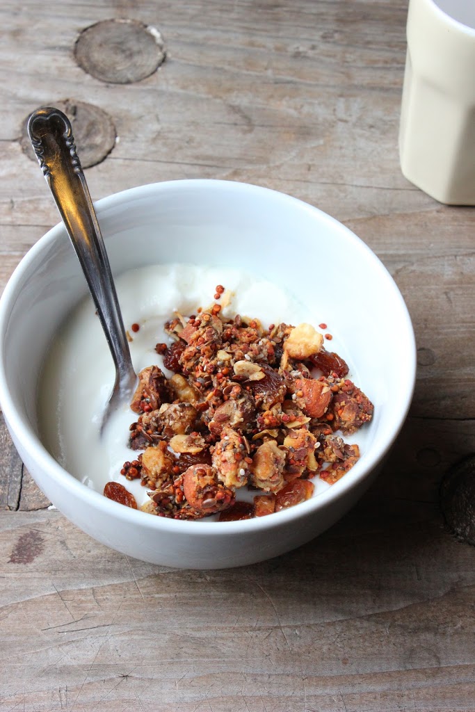 Banana Bread Granola with Quinoa + Raisins. Crunchy, clumpy delicious granola. Vegan & Gluten Free.