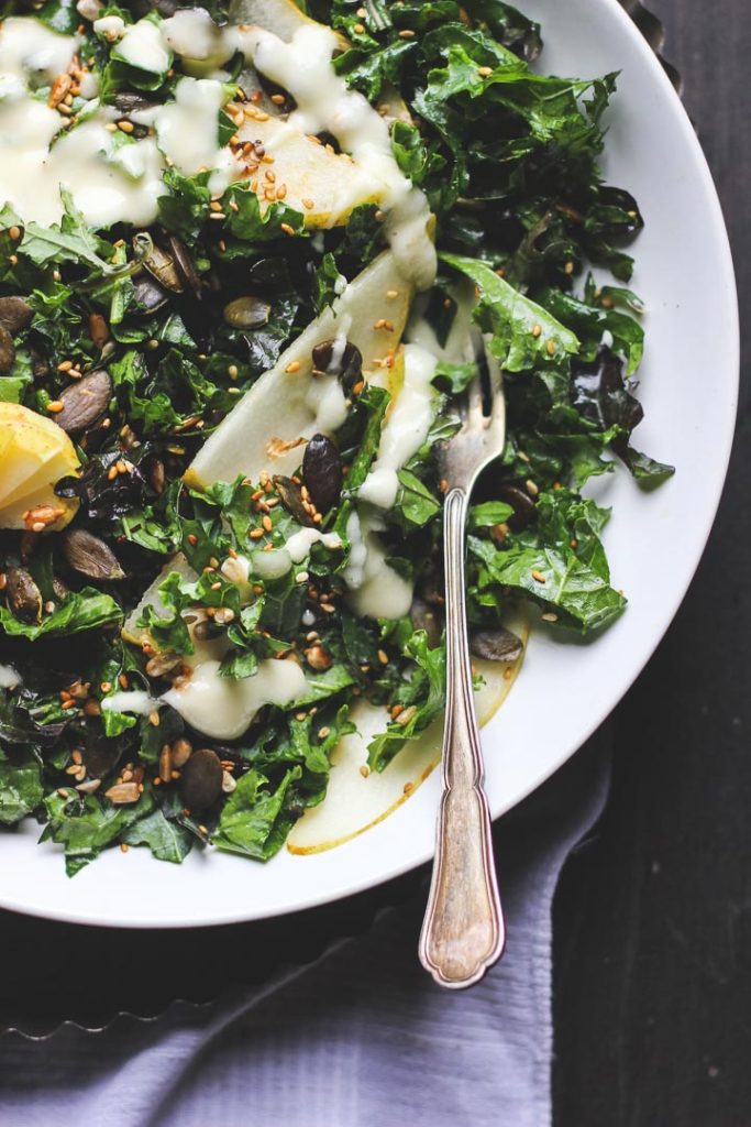 Kale Salad with Tamari Toasted Seeds + Fresh Pear Dressing Happy