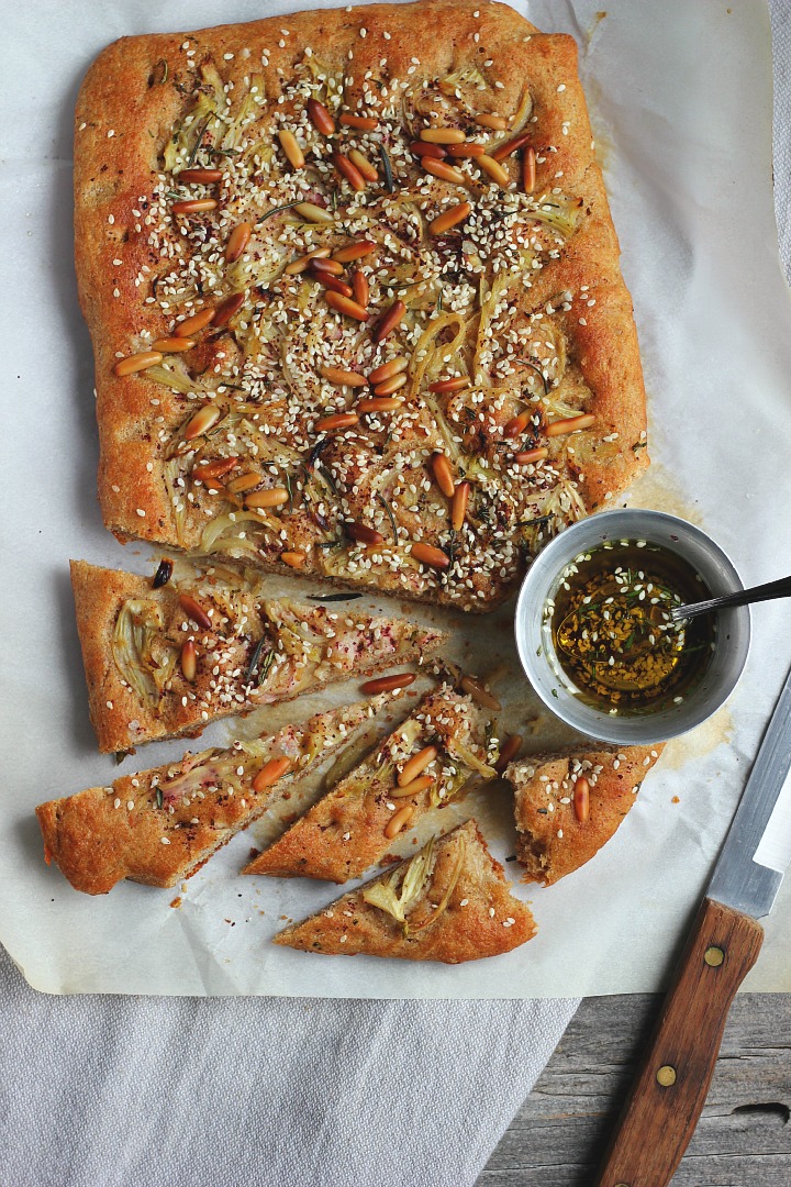 Spelt and Olive Oil Foccacia with Braised Fennel, Pine Nuts + Rosemary Za'atar ⎮ happy hearted kitchen