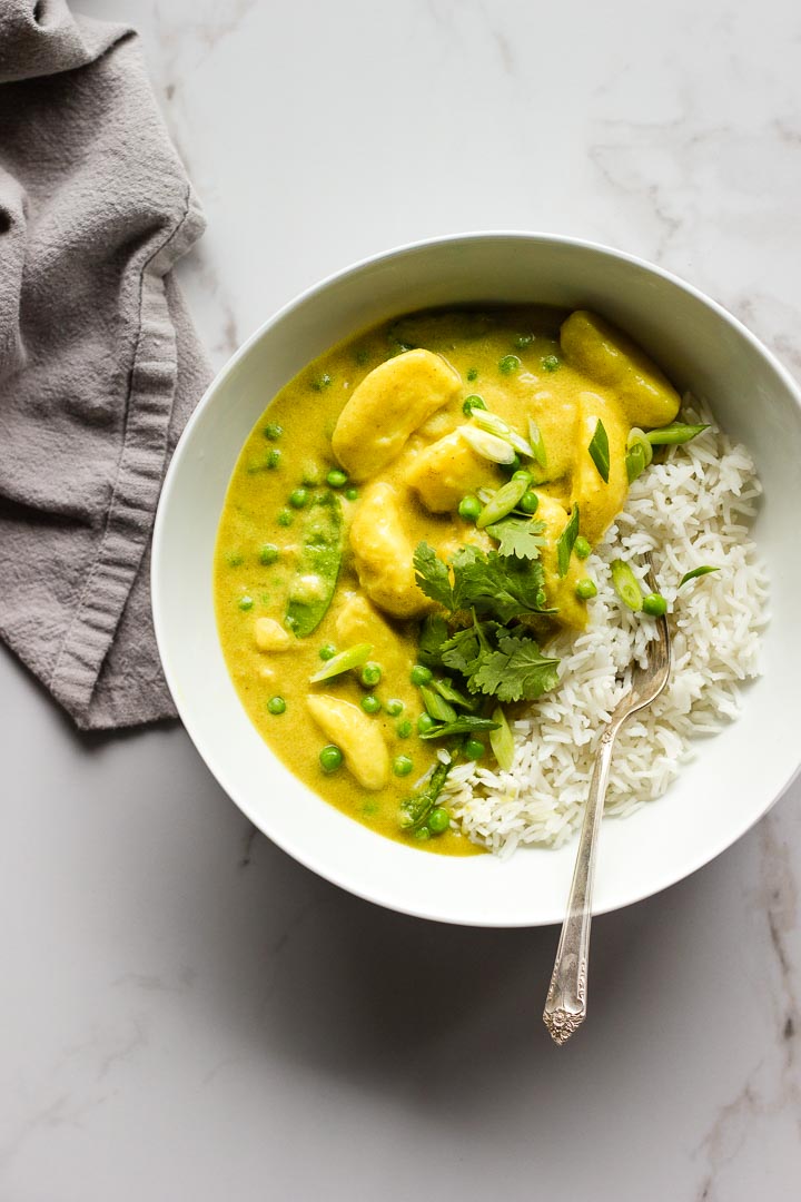 Vegan pea and potato curry with basmati rice. A simple weekend night meal that is fast and nourishing. Gluten Free. Serves 3-4.