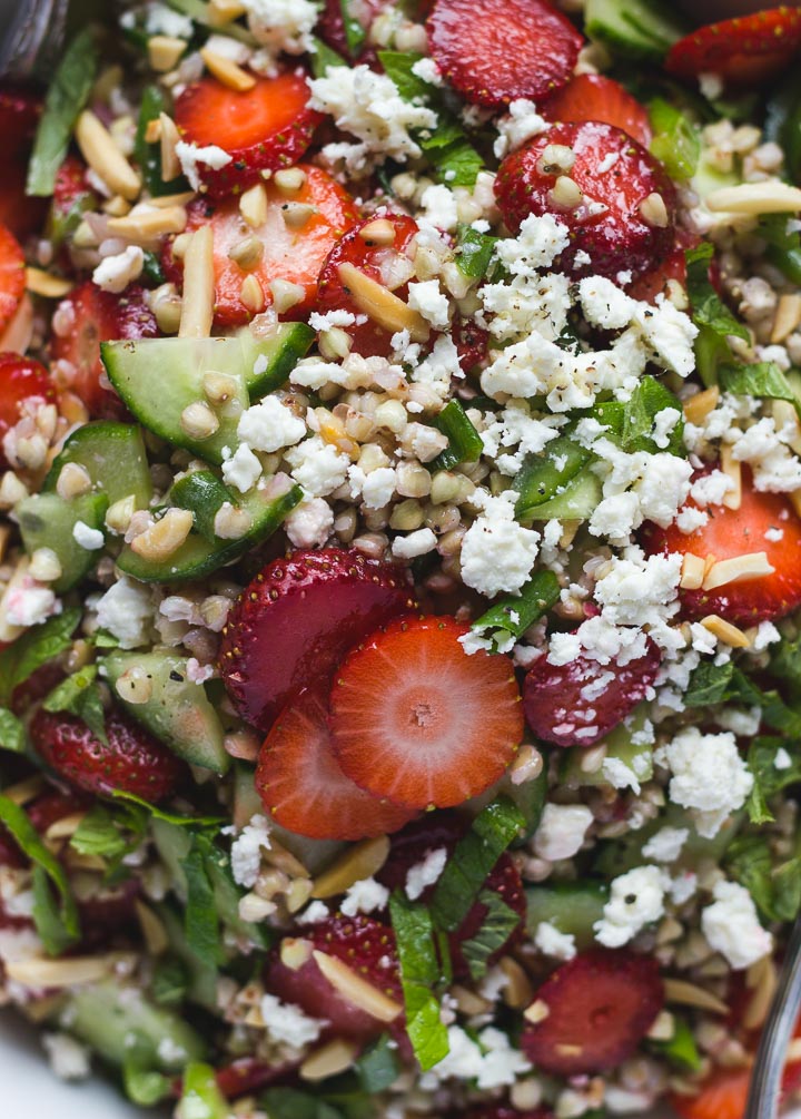 Strawberry buckwheat tabbouleh with cucumber, mint, toasted almonds and feta. Dressed in a simple red wine vinaigrette. Gluten free summer salad.