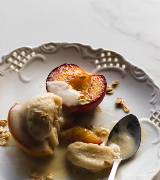 Oat Milk Ice Cream with Grilled Peaches + Honey Happy Hearted Kitchen